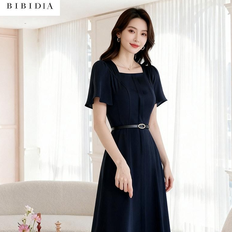 비비디아 여성용 여름 반팔 플레어 소매 스퀘어넥 디자인 벨트세트 슬림 미디원피스 5614