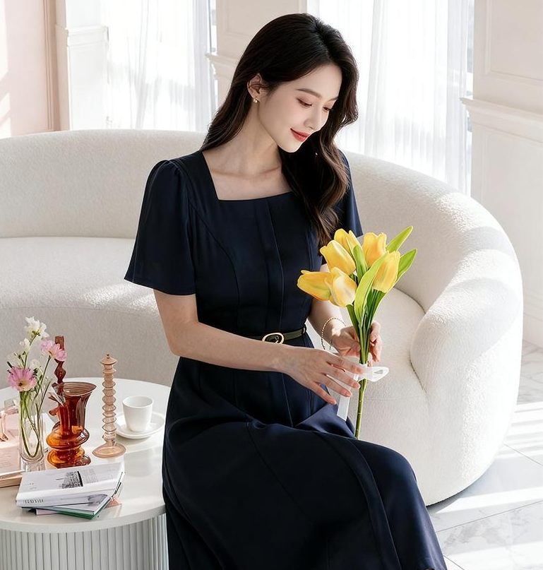 비비디아 여성용 여름 반팔 플레어 소매 스퀘어넥 디자인 벨트세트 슬림 미디원피스 5614